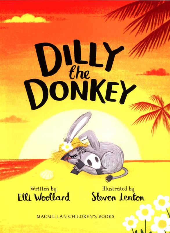 Dilly the Donkey inside  cover. Dilly asleep on a tropical sandy beach.