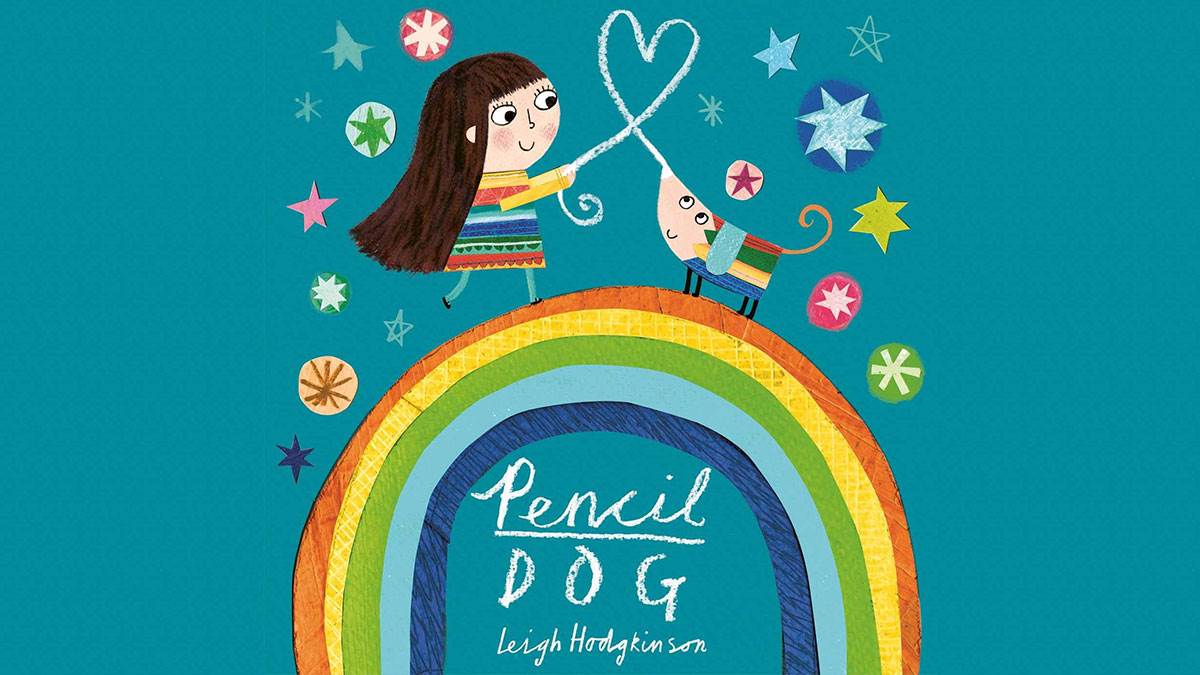 Image of a girl and her pencil dog standing on a rainbow.