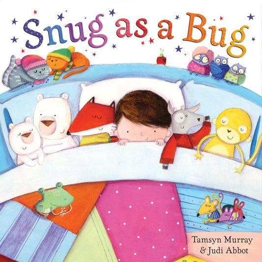 Snug as a Bug book cover. George in a cosy bed with his toys.