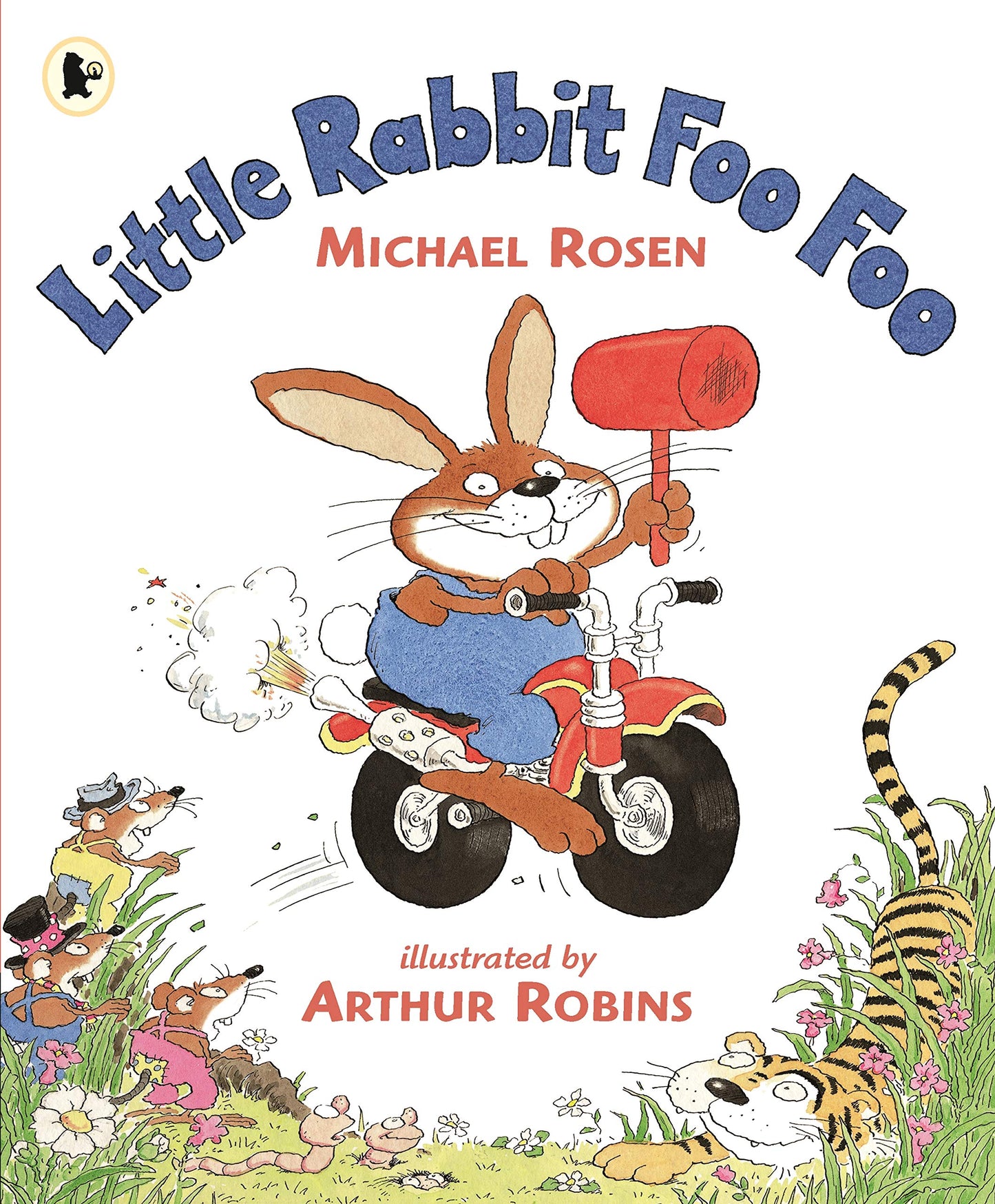 Little Rabbit Foo Foo book cover. Rabbit on a motorbike holding a big red hammer.